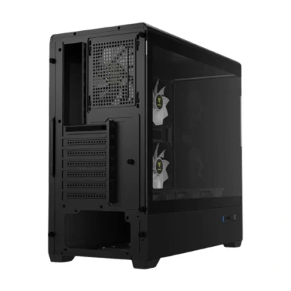 Black mid-tower pc case with a transparent side panel, showing two front-mounted cooling fans and empty drive bays inside.