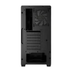 Rear view of a black desktop pc tower showing pcie expansion slots, a power-supply fan at the upper rear, and a bottom intake area