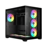 Mid-tower pc case with a tempered glass side panel, showing rgb-lit fans (three at the front and one at the rear) and a dark interior. Also visible is a bottom rgb strip.