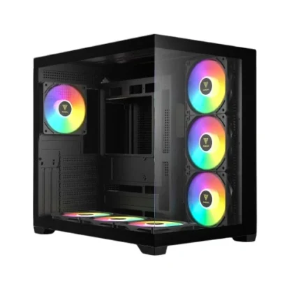 Mid-tower pc case with a tempered glass side panel, showing rgb-lit fans (three at the front and one at the rear) and a dark interior. Also visible is a bottom rgb strip.