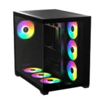 Black mid-tower pc case with a glass side panel and rainbow rgb fans visible inside, showcasing cooling airflow.