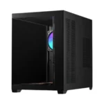 Mid-tower black pc case with the side panel removed, revealing an rgb-lit cooling fan inside.