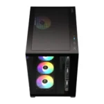 Mid-tower pc case with three front rgb cooling fans visible through a transparent panel and a black matte finish.