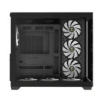 Black mid-tower pc case interior with three front-mounted cooling fans and an empty motherboard tray.