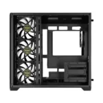 Black mid-tower pc case with three front intake fans visible on the left and empty internal drive bays on the right.