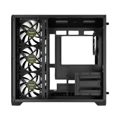 Black mid-tower pc case with three front intake fans visible on the left and empty internal drive bays on the right.
