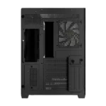 Rear view of a black computer tower showing the back panel with expansion slot covers, a large rear exhaust fan, and perforated ventilation areas.