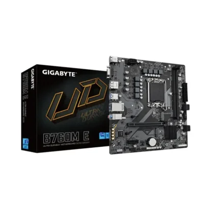 Gigabyte b760m e lga1700 micro atx motherboard Box and black motherboard with pcie slots: a gigabyte b760m ultra durable motherboard boxed set