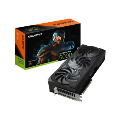 Gigabyte geforce rtx 5090 graphics card beside its orange-and-black retail box.