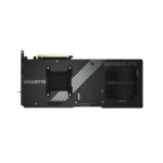 Back view of a gigabyte geforce rtx graphics card with a black backplate, diagonal white stripes, and cooling vents showing.