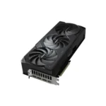 Triple-fan graphics card (gpu) with pcie bracket, shown from angled view for cooling performance image of a modern gpu