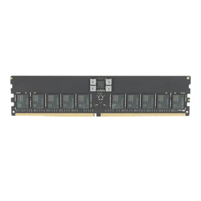 Desktop ram module (dimm) with gold edge connector and black pcb, several memory chips along its length