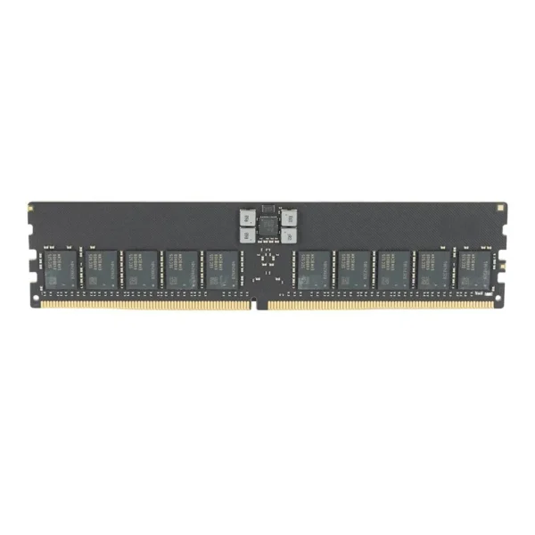 Desktop ram module (dimm) with gold edge connector and black pcb, several memory chips along its length