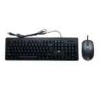 Full-sized black wired keyboard with a matching wired mouse on a white background.