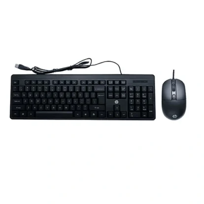 Hp km150 keyboard and mouse combo Full-sized black wired keyboard with a matching wired mouse on a white background.