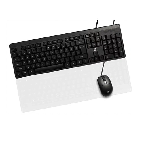 Hp km150 keyboard and mouse combo Overhead view of a black wired keyboard with a corded mouse on a translucent white keyboard tray/pad.