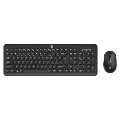 Full-size black hp wireless keyboard with a numeric keypad and a matching wireless mouse, shown on a white background.
