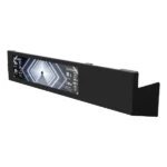 Black elongated digital dashboard panel with a central screen showing futuristic geometric ui.