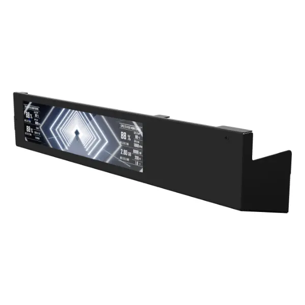 Lian li o11 vision-m 9. 2” lcd kit black (sm092vmx) Black elongated digital dashboard panel with a central screen showing futuristic geometric ui.