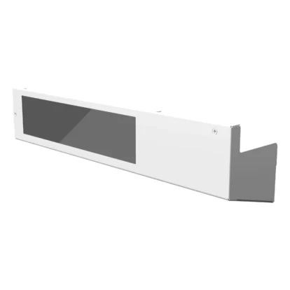 Angled view of a desktop monitor with a blank dark screen and light gray bezel.