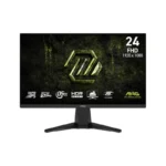 24-inch msi monitor on a stand displaying a dark textured background with a green logo and specifications (24 fhd 1920x1080).