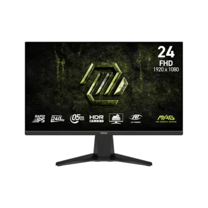 24-inch msi monitor on a stand displaying a dark textured background with a green logo and specifications (24 fhd 1920x1080).