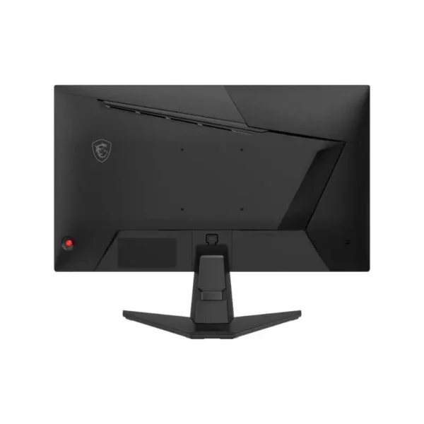 Rear view of a black gaming monitor on an angular stand, with an msi logo on the left and a red power indicator visible on the bottom edge.