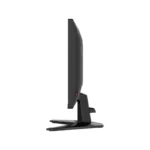 Side view of a black flat-screen monitor on a modern angular stand against a white background
