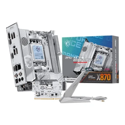 Atx motherboard with i/o panel and pcie slots displayed beside its box for an amd x870 ryzen system