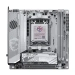 Gaming motherboard with lga cpu socket, two ddr4 ram slots, pcie slots, and a large silver heatsink.