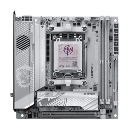 Gaming motherboard with lga cpu socket, two ddr4 ram slots, pcie slots, and a large silver heatsink.