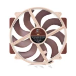 Noctua 140mm pc cooling fan with brown blades and beige frame, shown with a 4‑pin pwm connector visible.