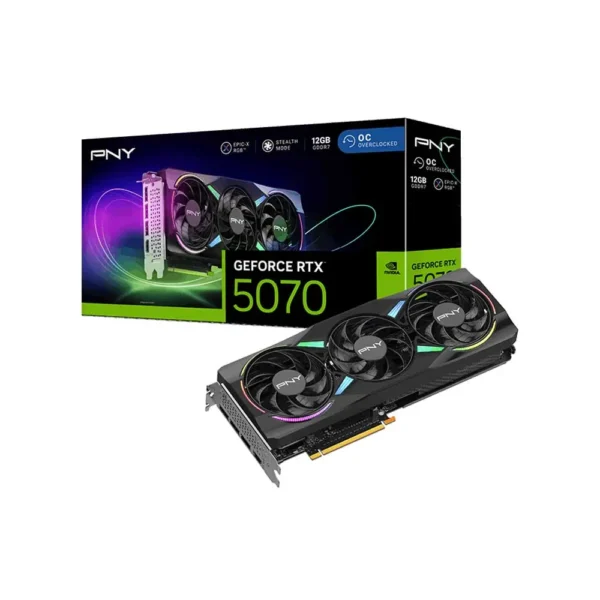 Pny geforce rtx 5070 graphics card with three cooling fans beside the product box, featuring rgb lighting.