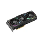 Pny triple‑fan graphics card with rgb lighting and pcie connector.