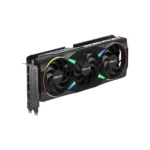 Pny geforce graphics card with three cooling fans and rgb lighting, shown from a diagonal side angle.