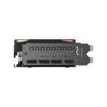 Graphics card side view with a perforated cooling shroud, showing three displayport outputs and one hdmi output