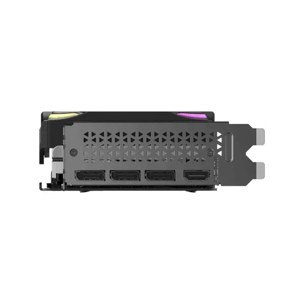 Graphics card side view with a perforated cooling shroud, showing three displayport outputs and one hdmi output