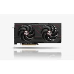 Dual-fan graphics card with a black and red shroud and pcie connector