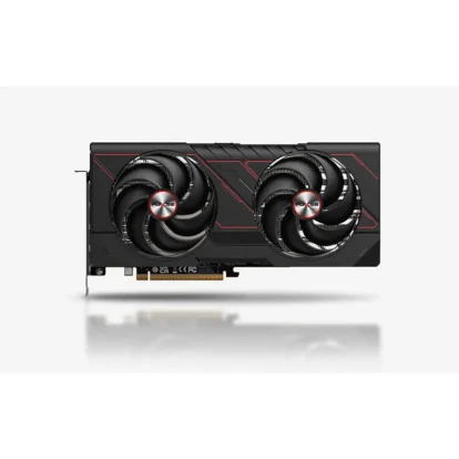 Dual-fan graphics card with a black and red shroud and PCIe connector