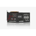 Side view of a sapphire pulse amd radeon graphics card with a black cooling shroud and visible heatsink fins and pcie edge connector