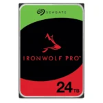 Seagate ironwolf pro nas hard drive, 24 tb, black center with red logo and green top accent.