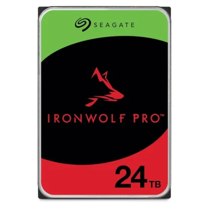 Seagate ironwolf pro 24tb nas 7200 rpm sata cmr 512mb cache enterprise internal hdd (st24000nt002) Seagate ironwolf pro nas hard drive, 24 tb, black center with red logo and green top accent.