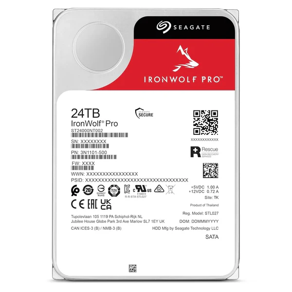 Seagate ironwolf pro 24tb nas 7200 rpm sata cmr 512mb cache enterprise internal hdd (st24000nt002) 24tb seagate ironwolf pro internal hard drive with red label and certification logos on the top, viewed from the front.