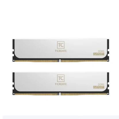 Teamgroup t-create expert ddr5 white 32gb (16gb x 2) 6000mhz cl38 ram Two ddr5 expert ram modules from t-create (tc), silver heatsinked sticks with gold edge connectors.