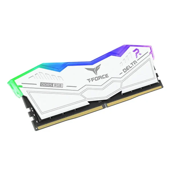 Teamgroup t-force delta rgb 32gb (2x16gb) 6000mhz ddr5 white (ff4d532g6000hc38jdc01) Ddr4 ram module with a white heatsink and multicolor rgb lighting (green/blue/purple) on a desktop pc side, gold connector pins visible.