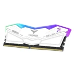 White rgb ddr4 memory module from t-force delta with a blue-to-purple gradient lighting on a white heatsink and gold edge connector.