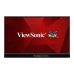 Viewsonic computer monitor with a red geometric background and the viewsonic logo on the bottom bezel.