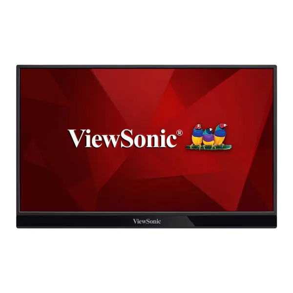 Viewsonic vg1655 16 inch touch screen portable monitor (vg1655) Viewsonic computer monitor with a red geometric background and the viewsonic logo on the bottom bezel.