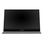 Viewsonic computer monitor with black frame on a light gray stand, angled slightly upward.