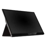 Viewsonic portable monitor angled on its built-in kickstand with a black screen in tent mode.